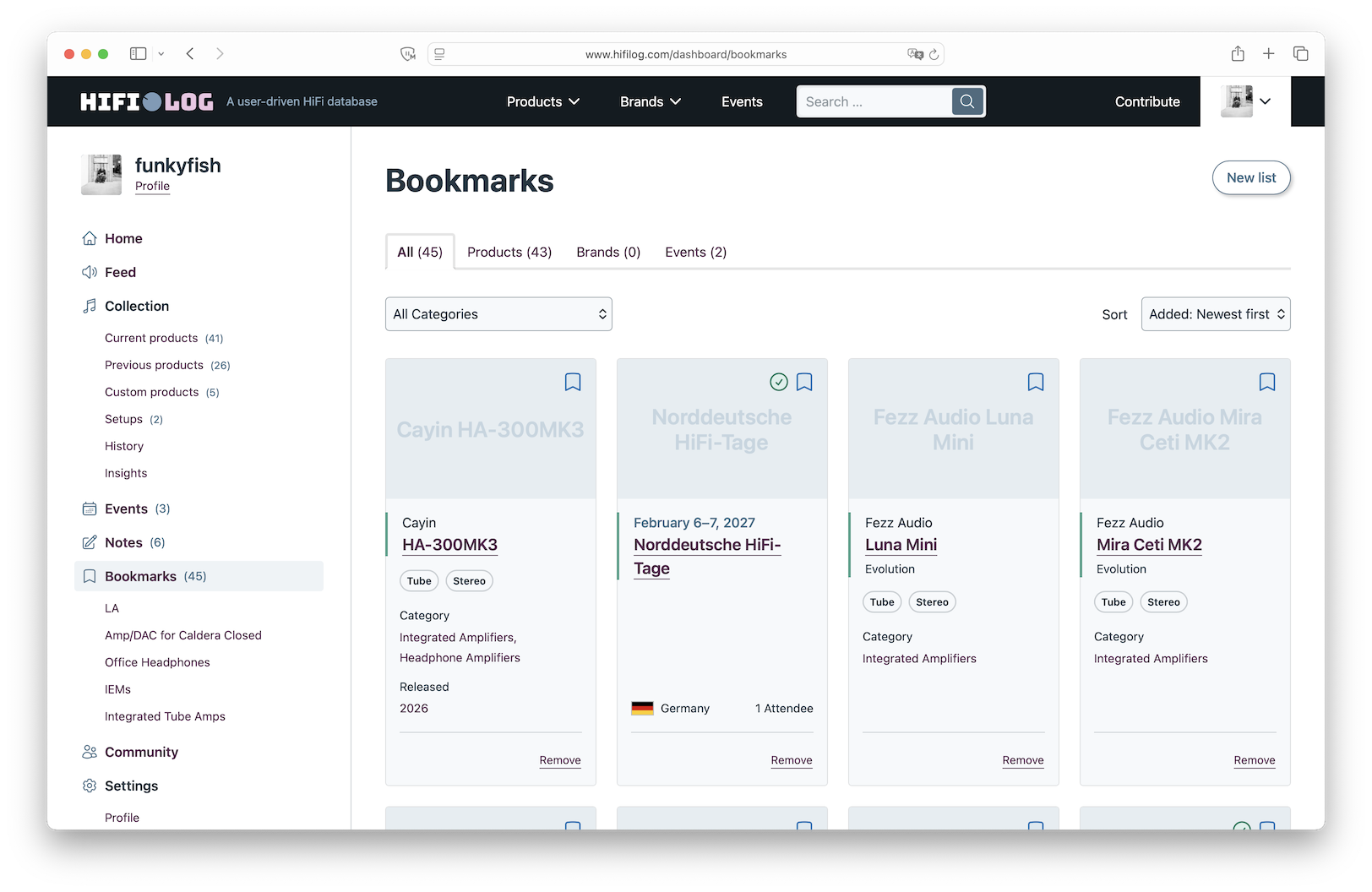 Screenshot of the bookmarks page with bookmarked products and events