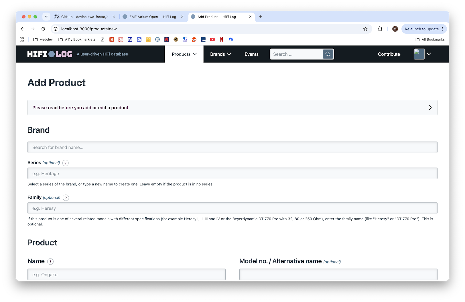Screenshot of the form to add a product