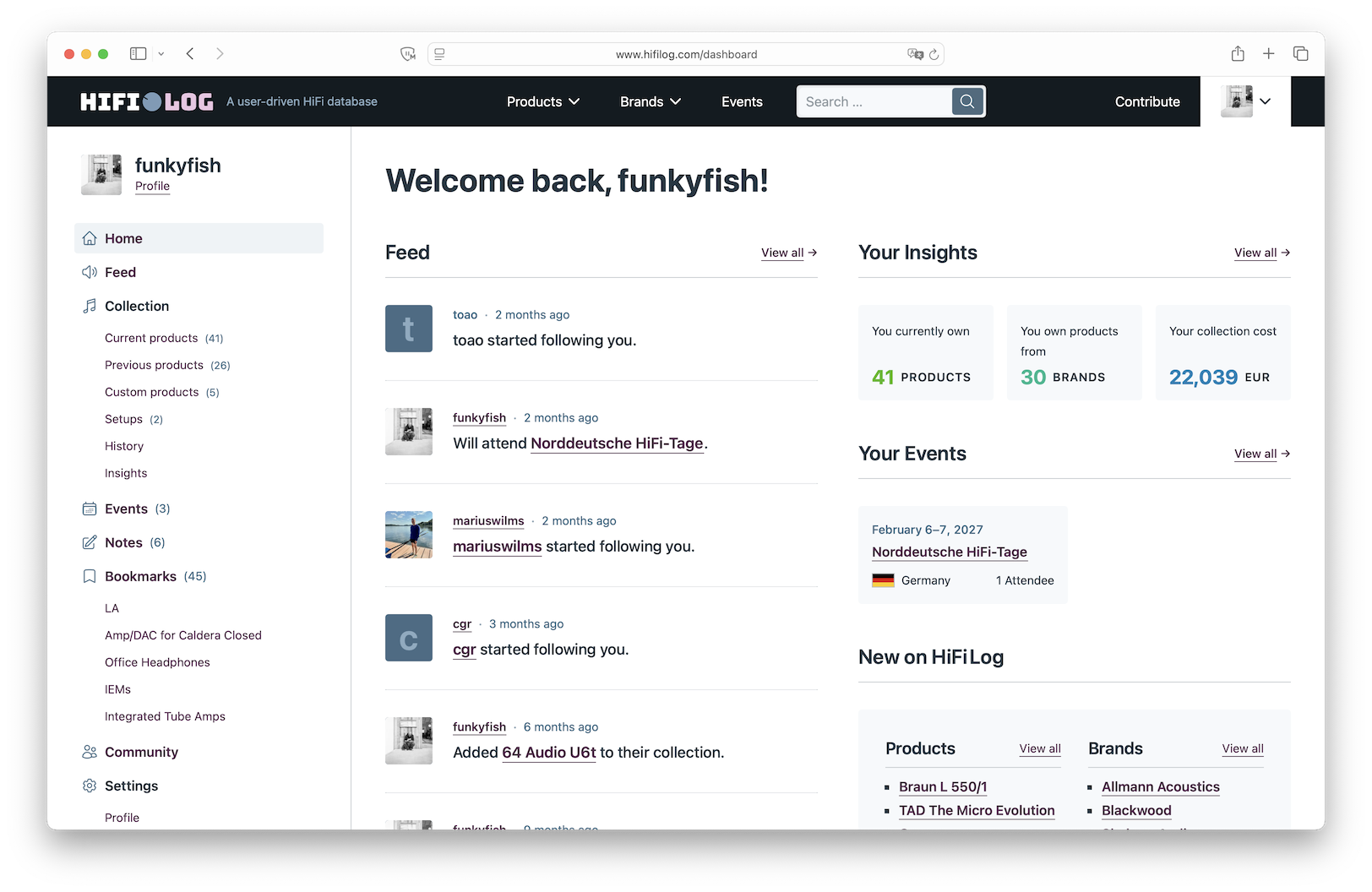 Screenshot of the dashboard feed with the activity of followed users and the events of the user