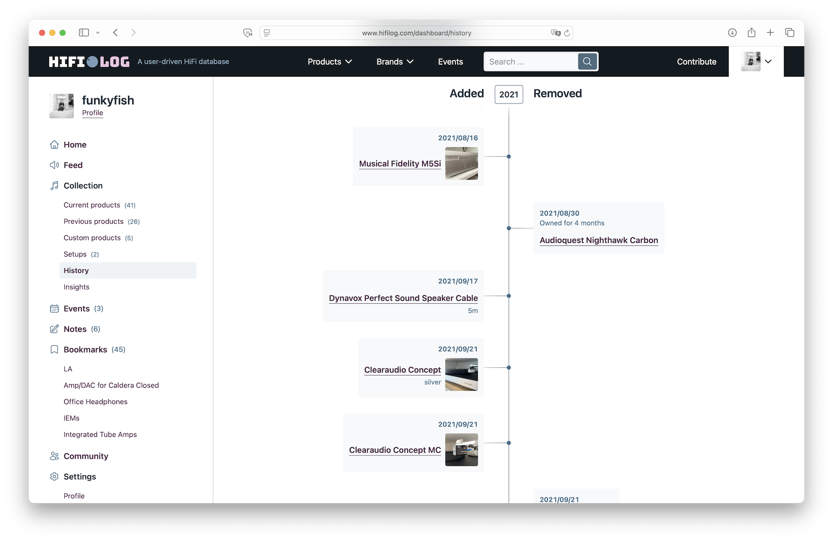 Screenshot of the product history of a signed-in user