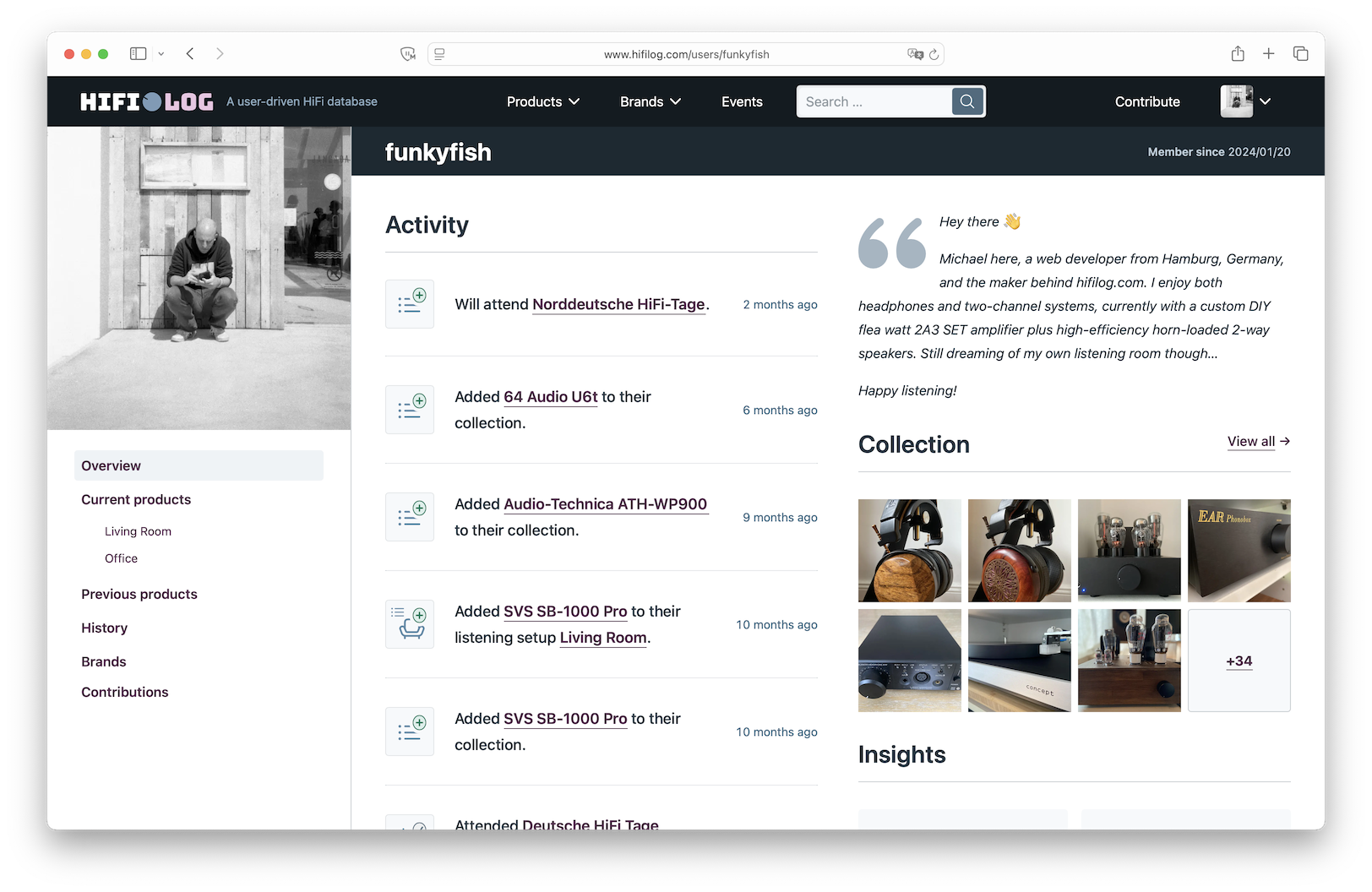 Screenshot of a public profile with the activity, the about me text and the collection