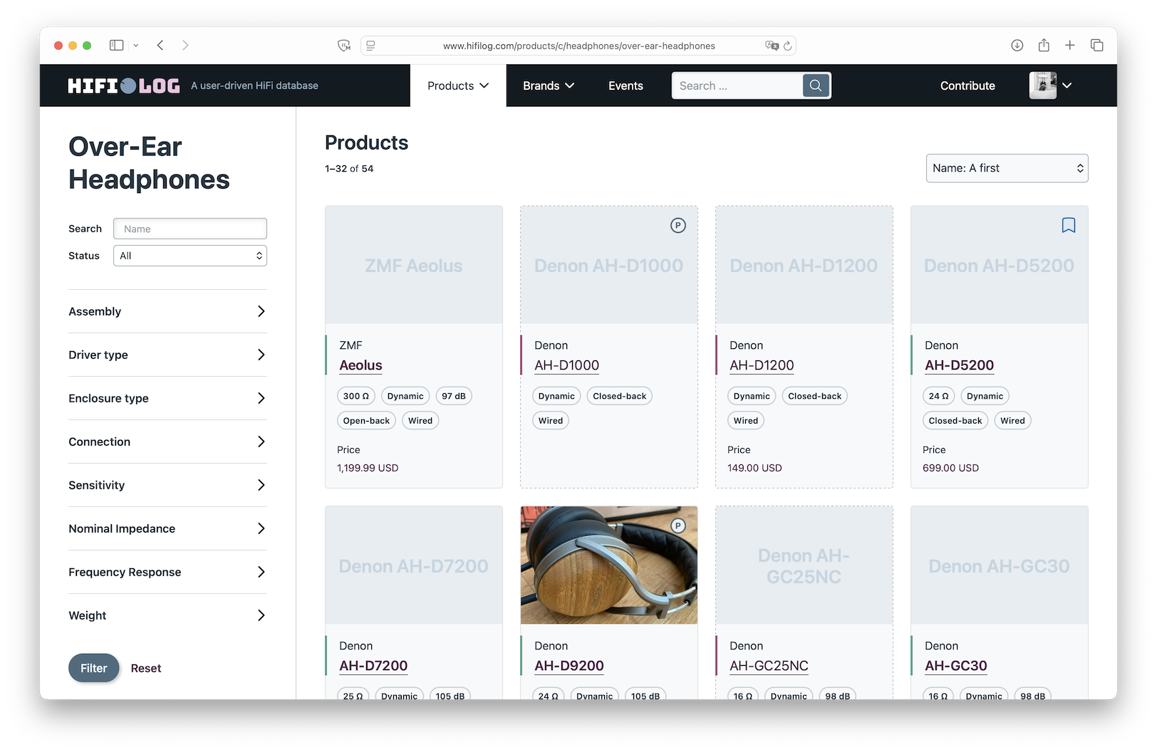 Screenshot der Produktliste für Over-Ear-Kopfhörer mit den Filtern für Spezifikationen