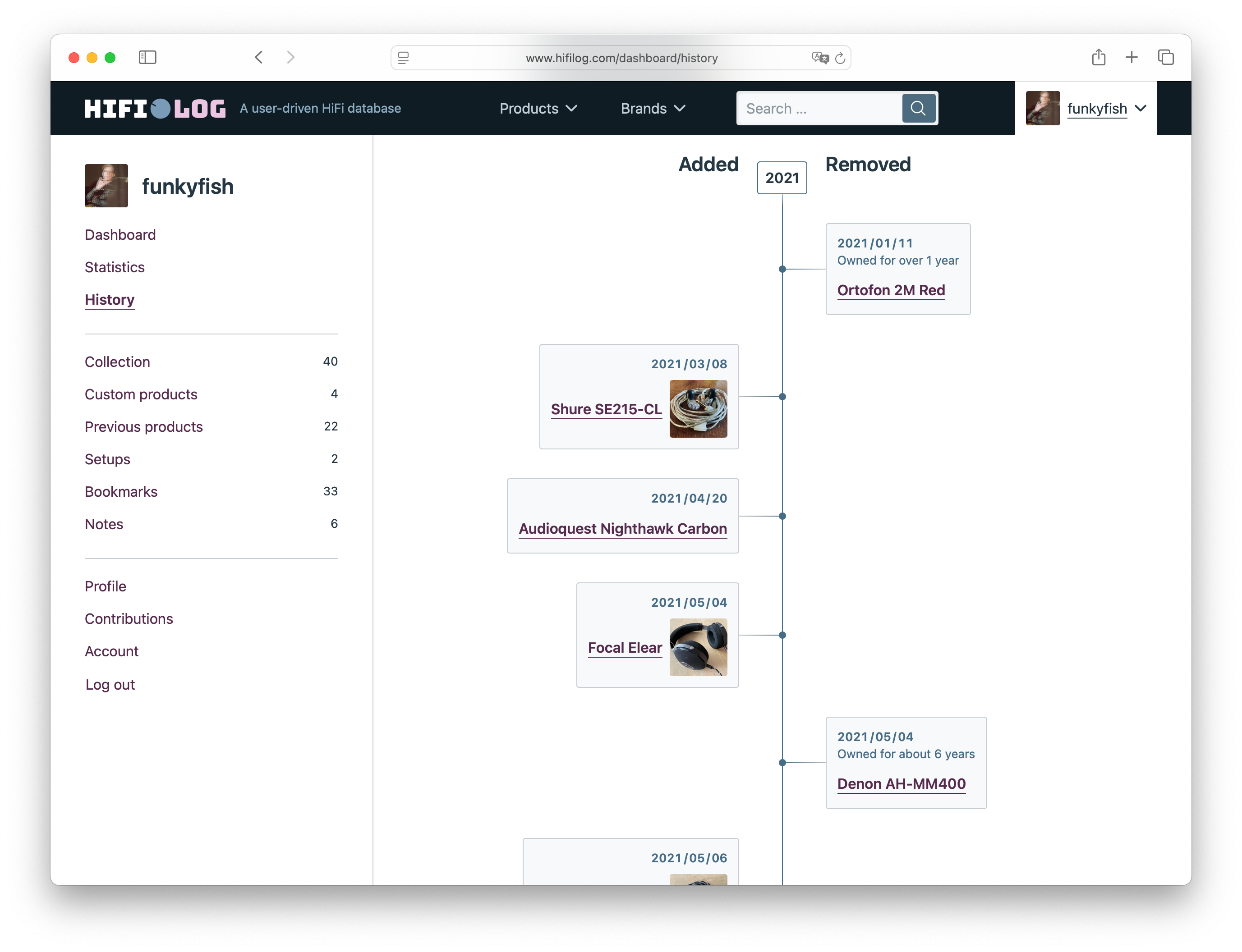 Screenshot showing the product history of a logged in hifilog user